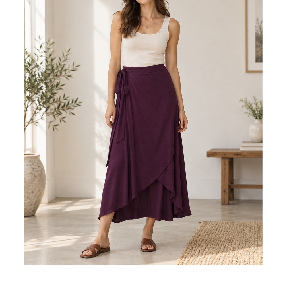 Sivana Bamboo Luxe Wrap Skirt Plum Purple Side Tie Tulip Hem Large
